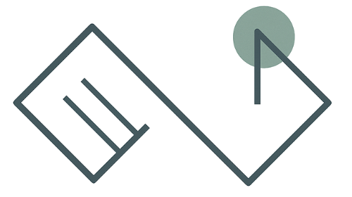 Logoet har en tynd, mørk linje, der danner to sammenhængende diagonale firkanter. I den venstre firkant er der to lodrette linjer. Øverst til højre er der en lille cirkel over en skrå linje. Designet repræsenterer et stiliseret M og D.